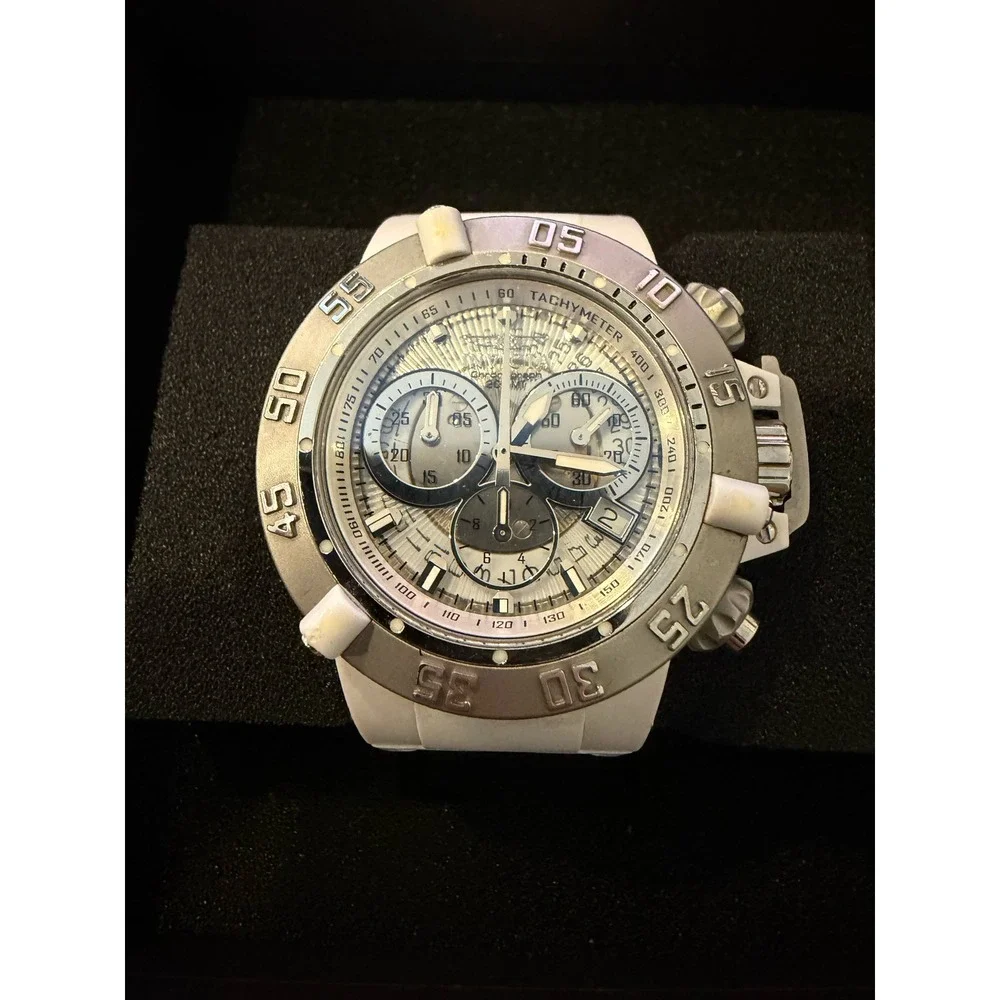 Invicta Subaqua Noma III 0933 Chronograph‎ White Silicone Watch 50mm Silver Dial